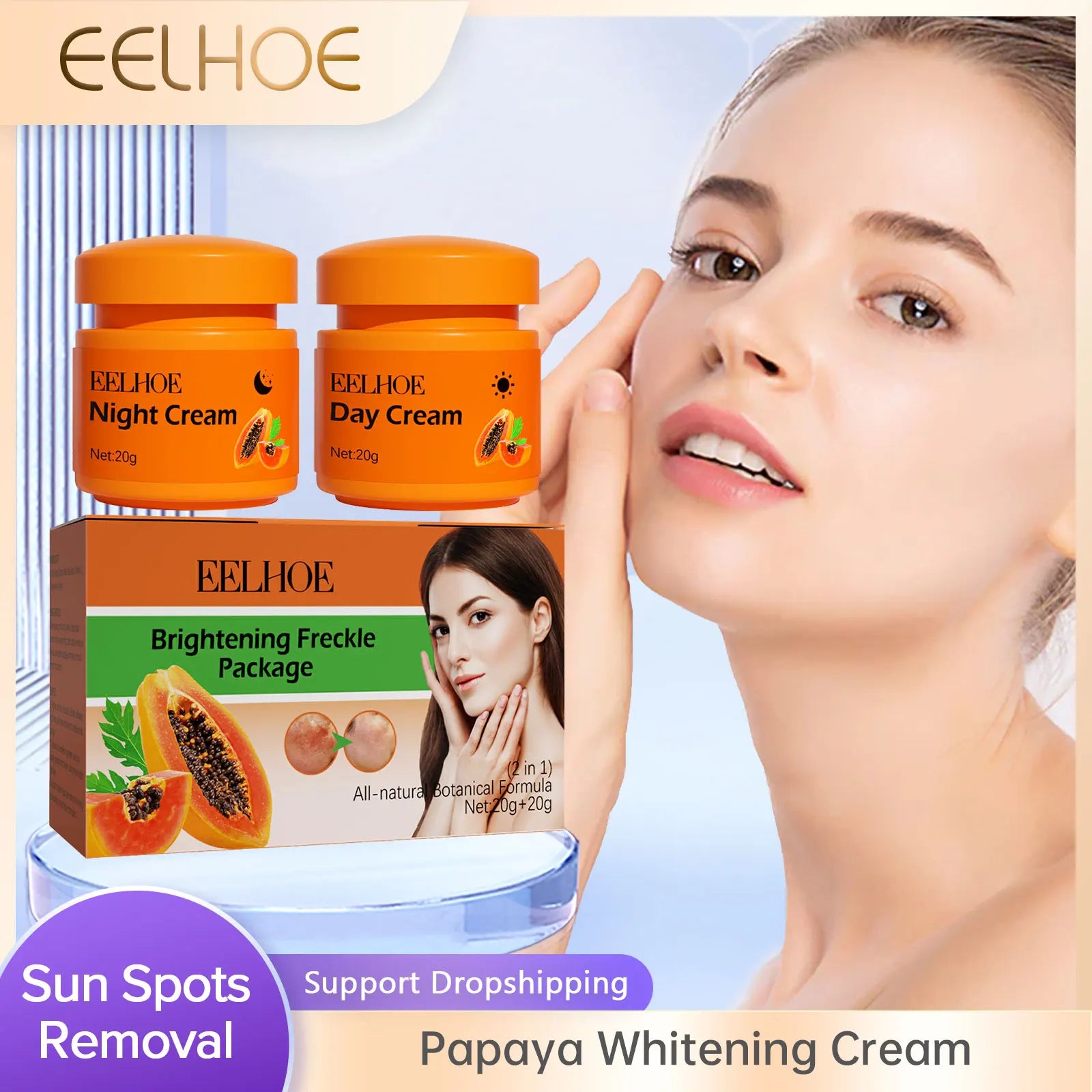 Freckle Whitening Face Cream Papaya Day Night Sun Spots Corrector Fade Pigment Brighten Skin Tone Blemish Bleaching Nourishing