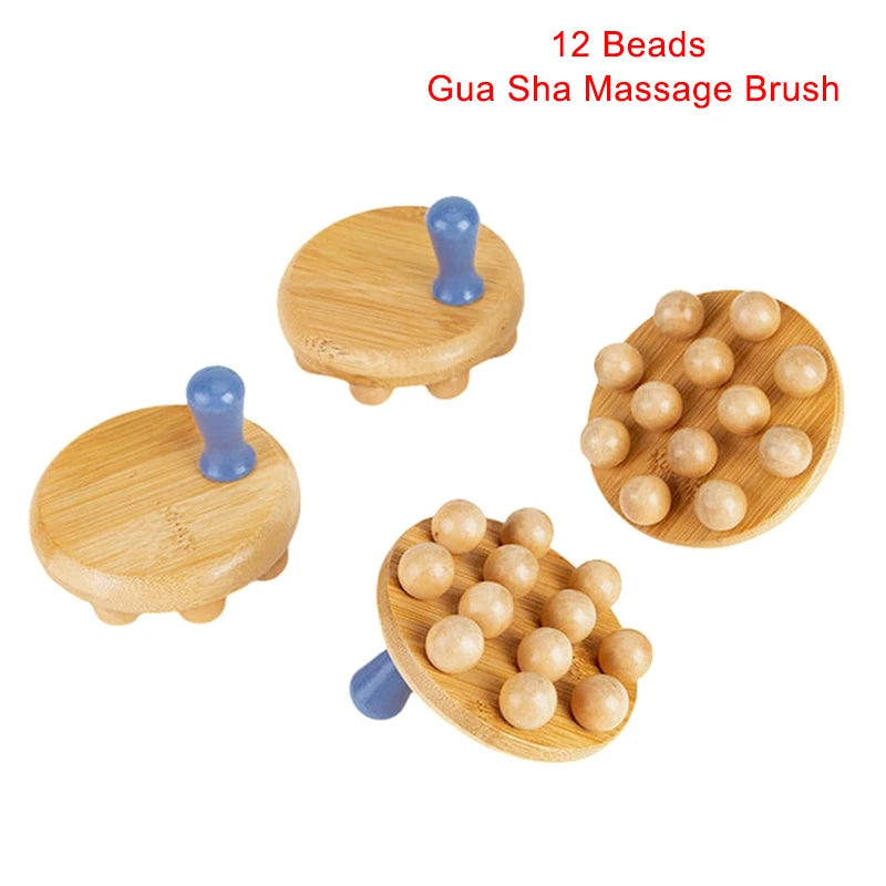 Relaxation Tool 12 Beads Handheld Gua Sha Massage Brush Natural Wood Waist Leg Body Meridian Scraping SPA Therapy Anti Cellulite