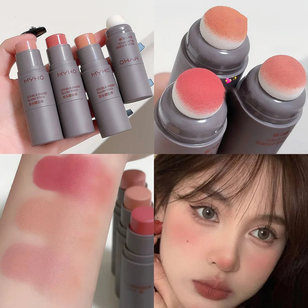 Peach Red Rouge Cream Cheek Contour Blush Stick Face Blusher Waterproof Silky Smooth Double-ended Spong Brush Makeup Cosmetics