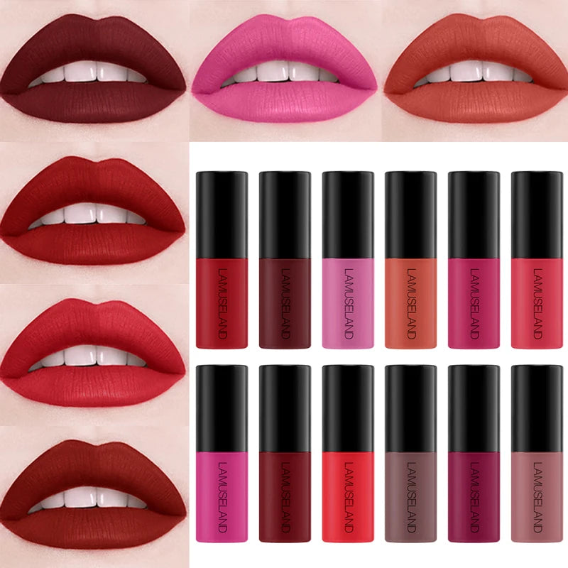 LAMUSELAND Matte 12 Color Lipstick Long Lasting Makeups Lip Gloss Waterproof Lip Glaze Lip Tint Liquid Lipstick Korean Cosmetic